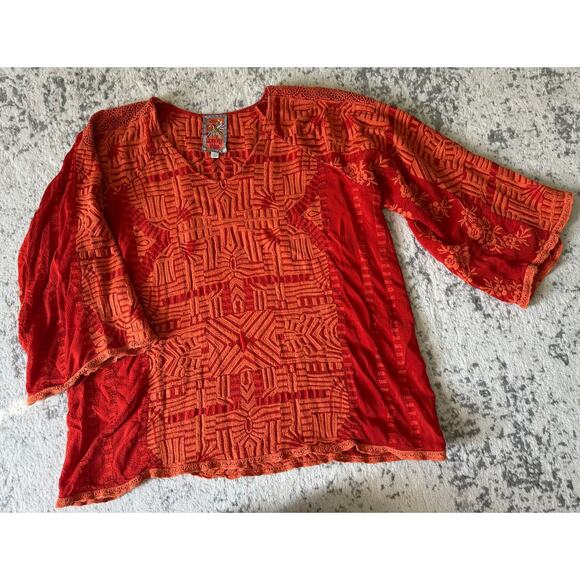 Johnny Was Red Orange Embroidered Peasant Blouse Size Large - Picture 1 of 5
